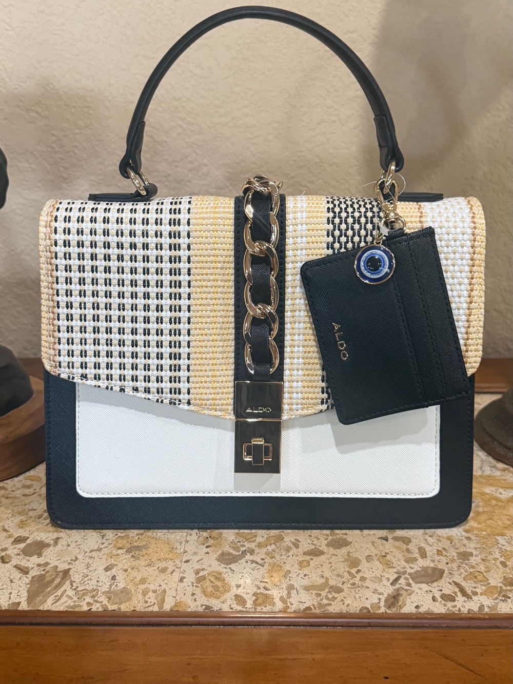 Aldo Black and Cream Woven Flap Satchel w crossbody chain strap you can attach